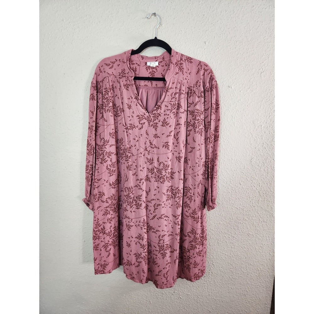 a.n.a Womens Large Mauve Floral Long Sleeve Shift Dress Boho Split Neck Crinkle